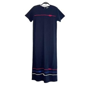 Vintage Richard Dress Medium Black Pique Maxi Rope Trim Back Zip Shoulder Pads